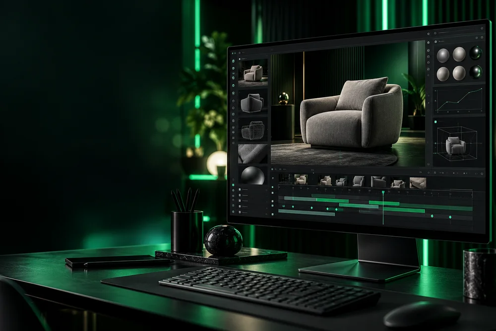 Illustrative creative workstation with a 3D armchair on screen, lit in emerald green.