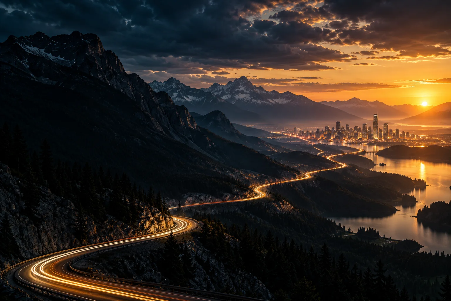 A winding mountain highway with golden light trails leading toward a distant city at sunset.