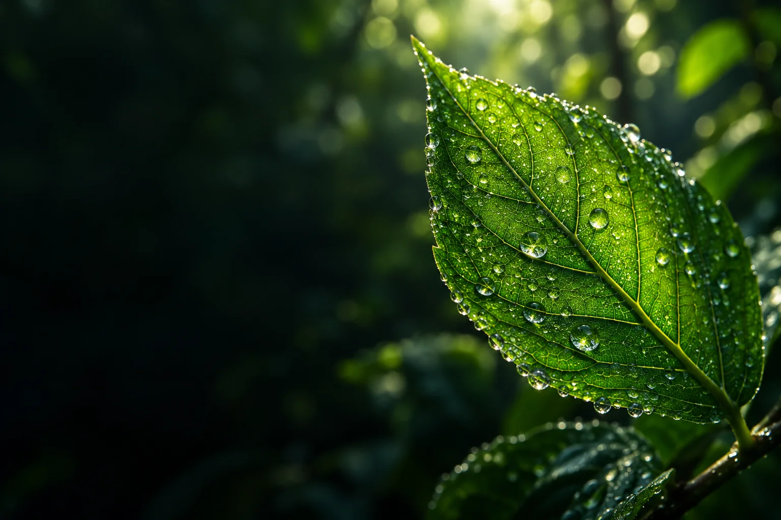 An emerald green leaf with delicate veins and glistening water droplets.